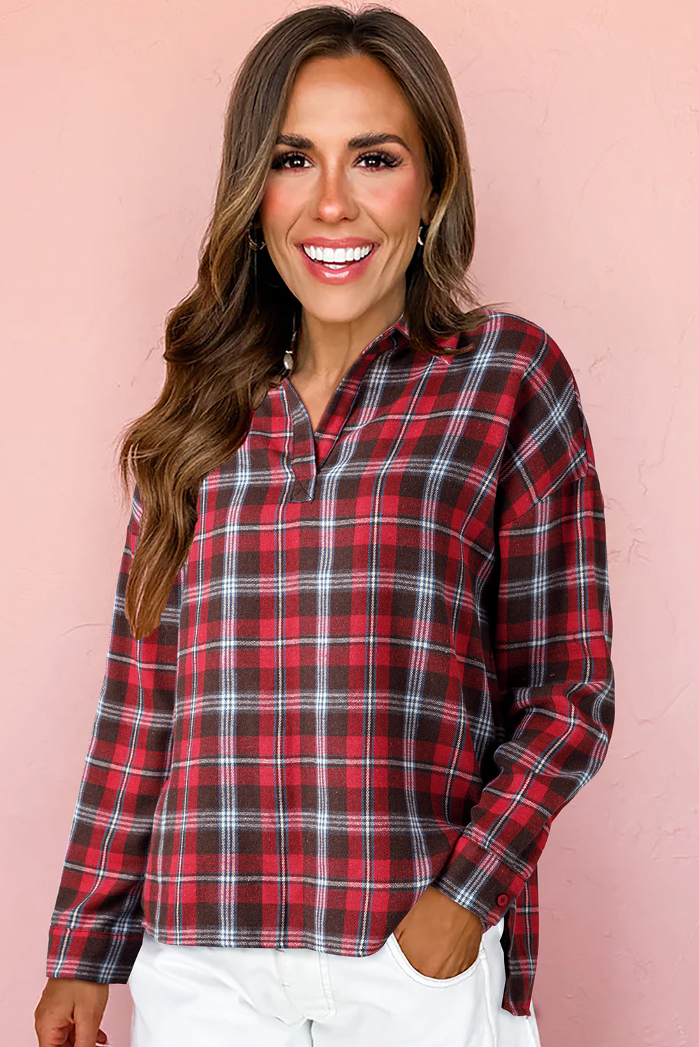 White Plaid Print Collared V Neck Loose Blouse with Side Slits Blouses 78393cb79183dcbc