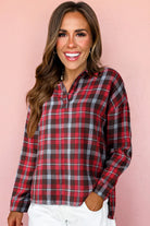 White Plaid Print Collared V Neck Loose Blouse with Side Slits Blouses 78393cb79183dcbc