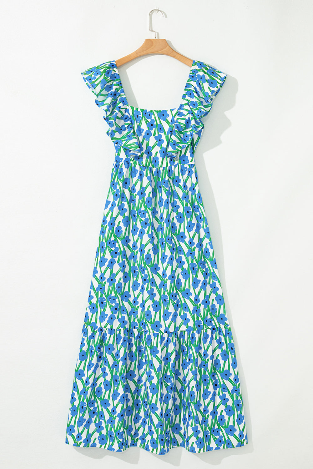 Blue Floral Print Square Neck Ruffled Strap Maxi Dress Maxi Dresses 783f989e0819b30f