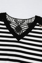 Black Stripe Crochet Hollow-out Back Buttoned Decor V Neck Top Blouses 78471fd2038c7c58