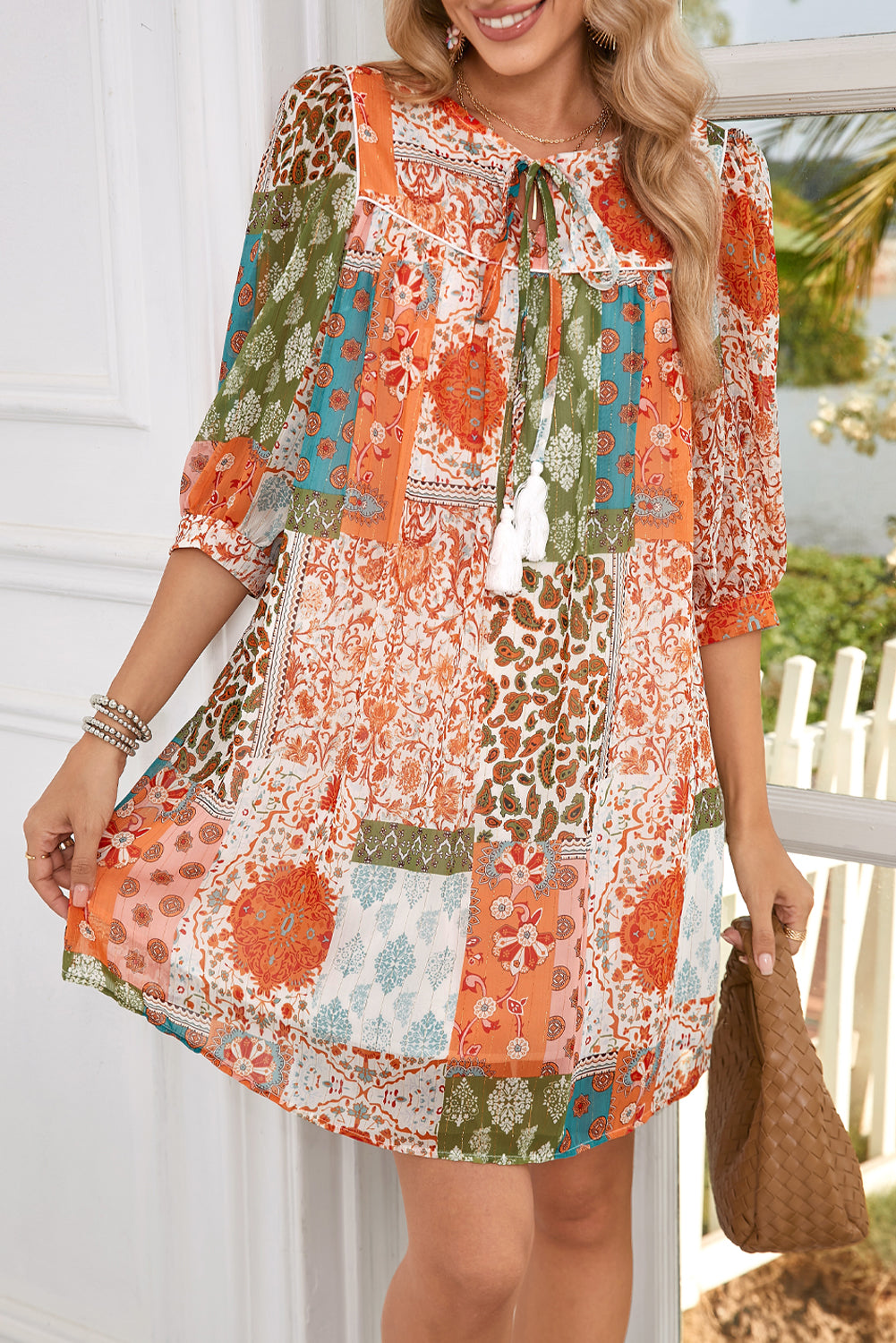 Orange Boho Paisley Mixed Print 3/4 Sleeve Chiffon Loose Dress Short Dresses 787dafcee05caea5