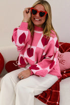 Pink Love Heart Checkered Valentine Knit Sweater Sweaters 7886644ca0e7635c