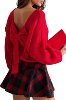 Fiery Red Festive Bow Backless Bubble Sleeve Sweater Sweaters 78ce79dd4ff4337b