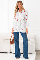 White Cherry Print Flounce Sleeve Collared Frilled Babydoll Blouse Blouses 78ec9c770c5d051b