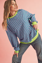 Blue Stripe Contrast Edge Cross Seam Oversized Pullover Sweatshirts & Hoodies 78fac5a4538e4618