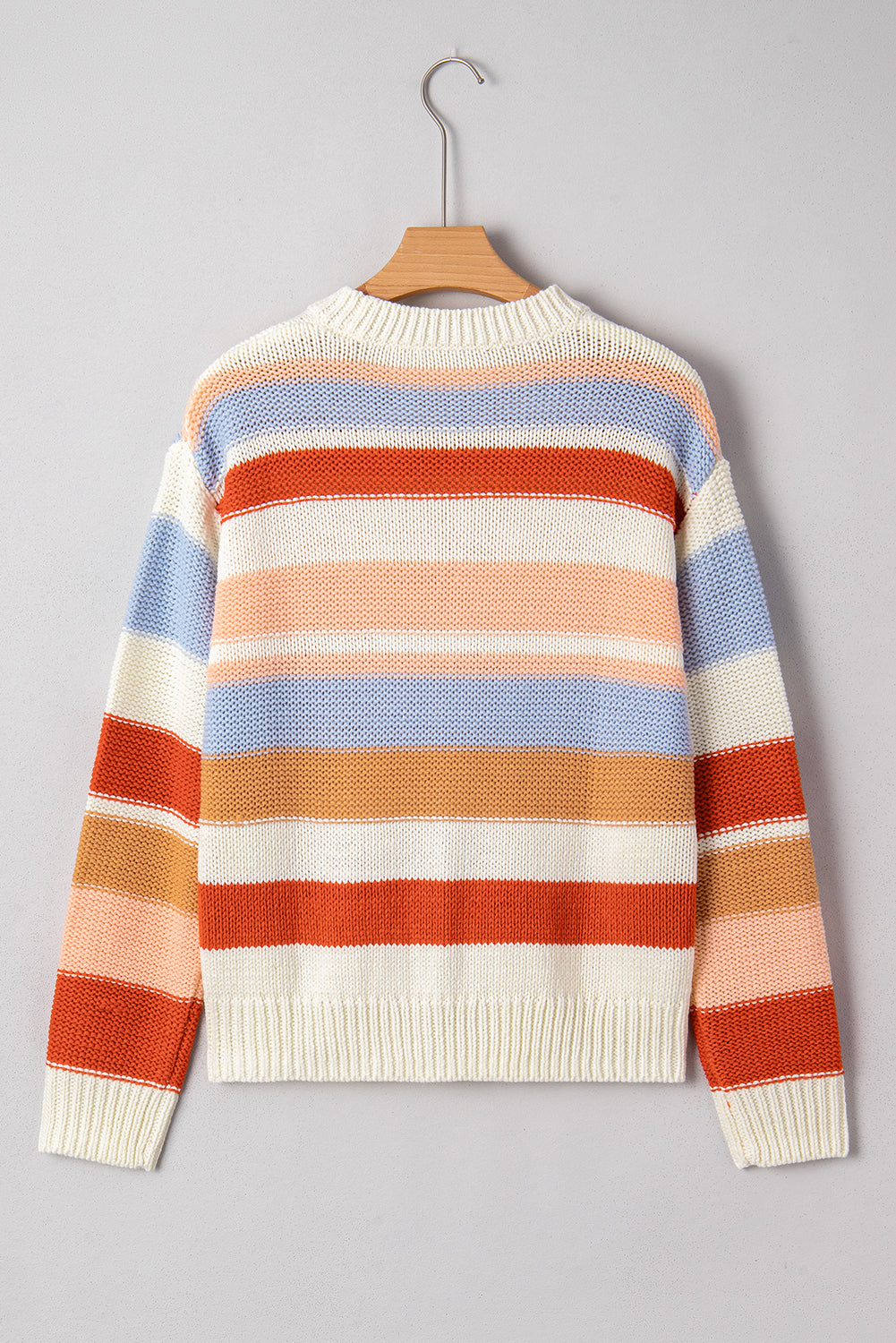 Pink Striped Colorblock Round Neck Drop Shoulder Sweater Sweaters 79567cf1e7755e04