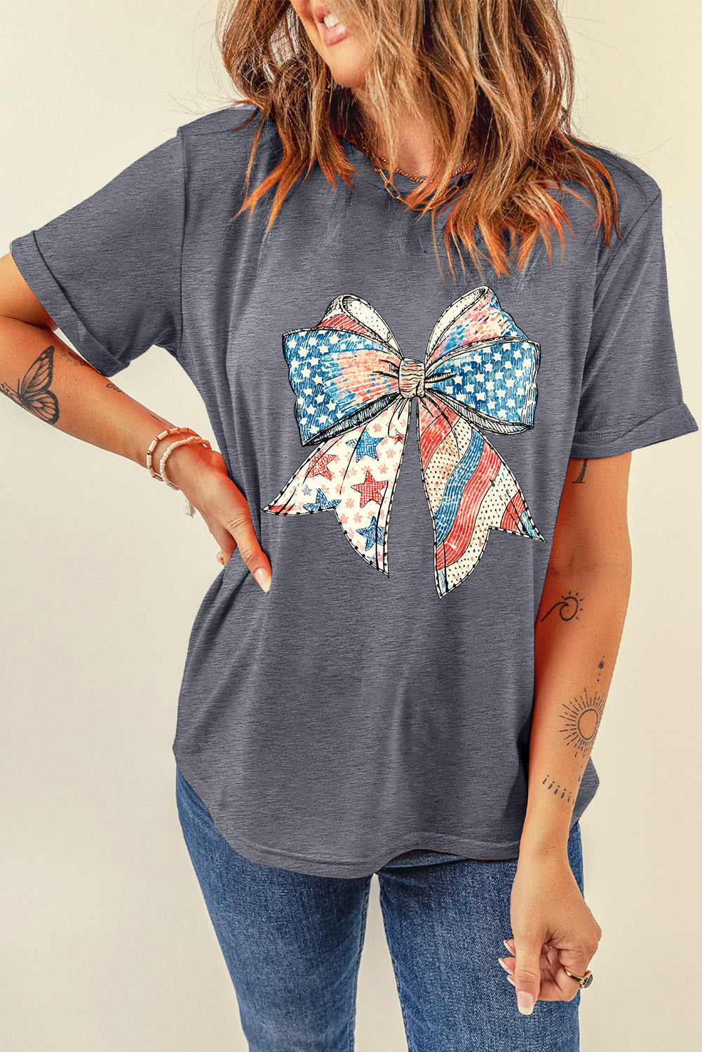 Gray USA Flag Bow Heat Transfer Printing Round Neck Loose T Shirt Graphic Tees 79767c0dd427e6ff