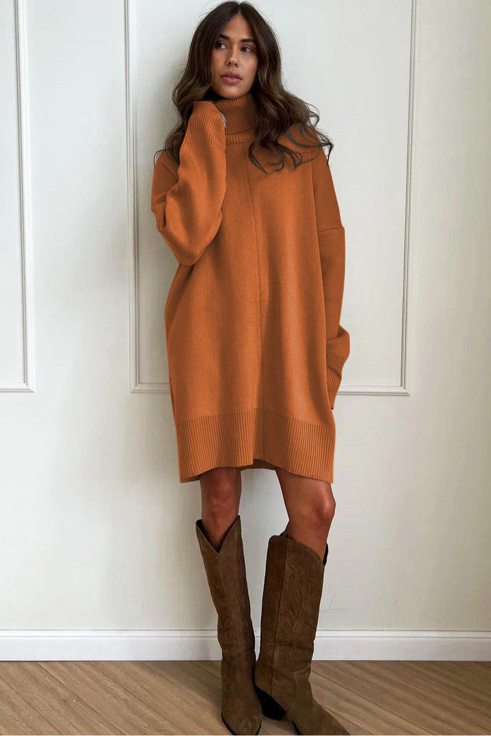 Gold Flame Solid Color Turtleneck Drop Shoulder Loose Sweater Dress Sweater Dresses 798f644721094904