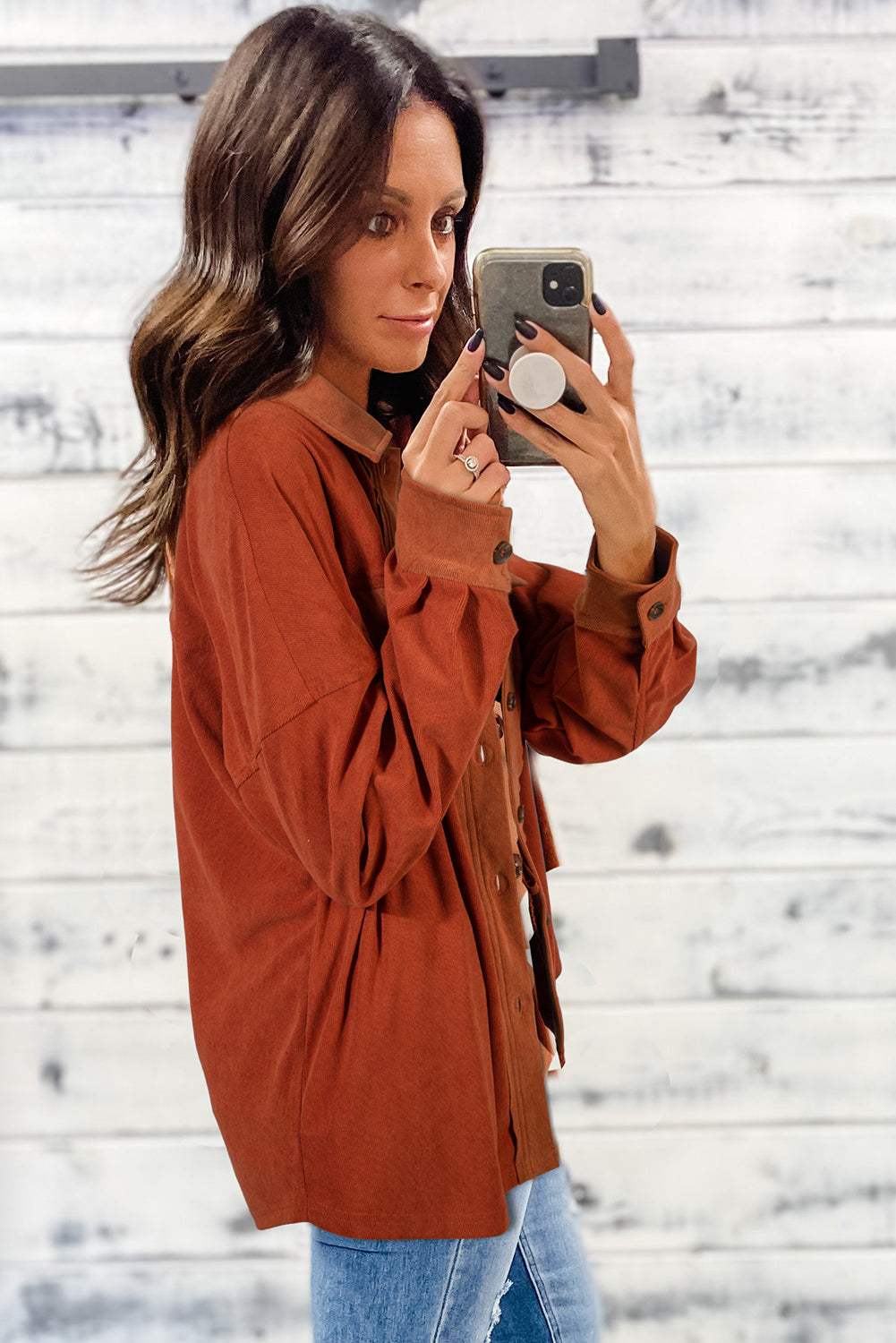 Gold Flame Velvet Flap Pockets Drop Shoulder Casual Shacket Jackets 7994ed439b79638f