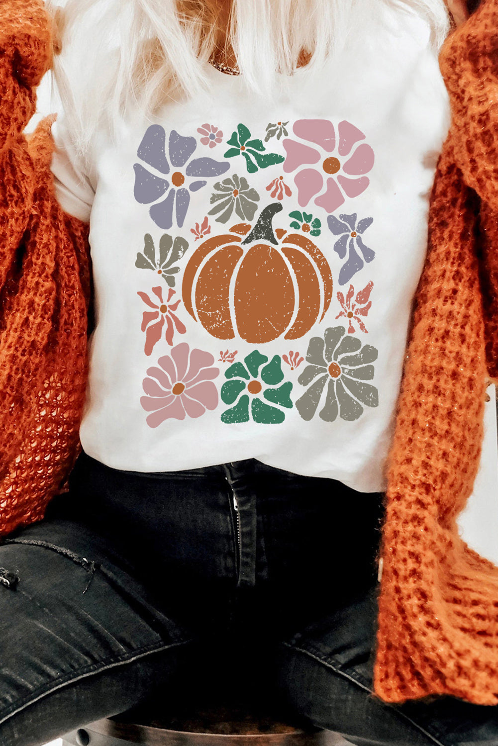 White Flower Pumpkin Distressed Heat Transfer Printing Graphic T Shirt Graphic Tees 79a20830f627230d