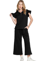 Black Textured Ruffle Cap Sleeve Top and Wide Leg Pants Set Two Piece Pants Sets 79b4594cfe390102