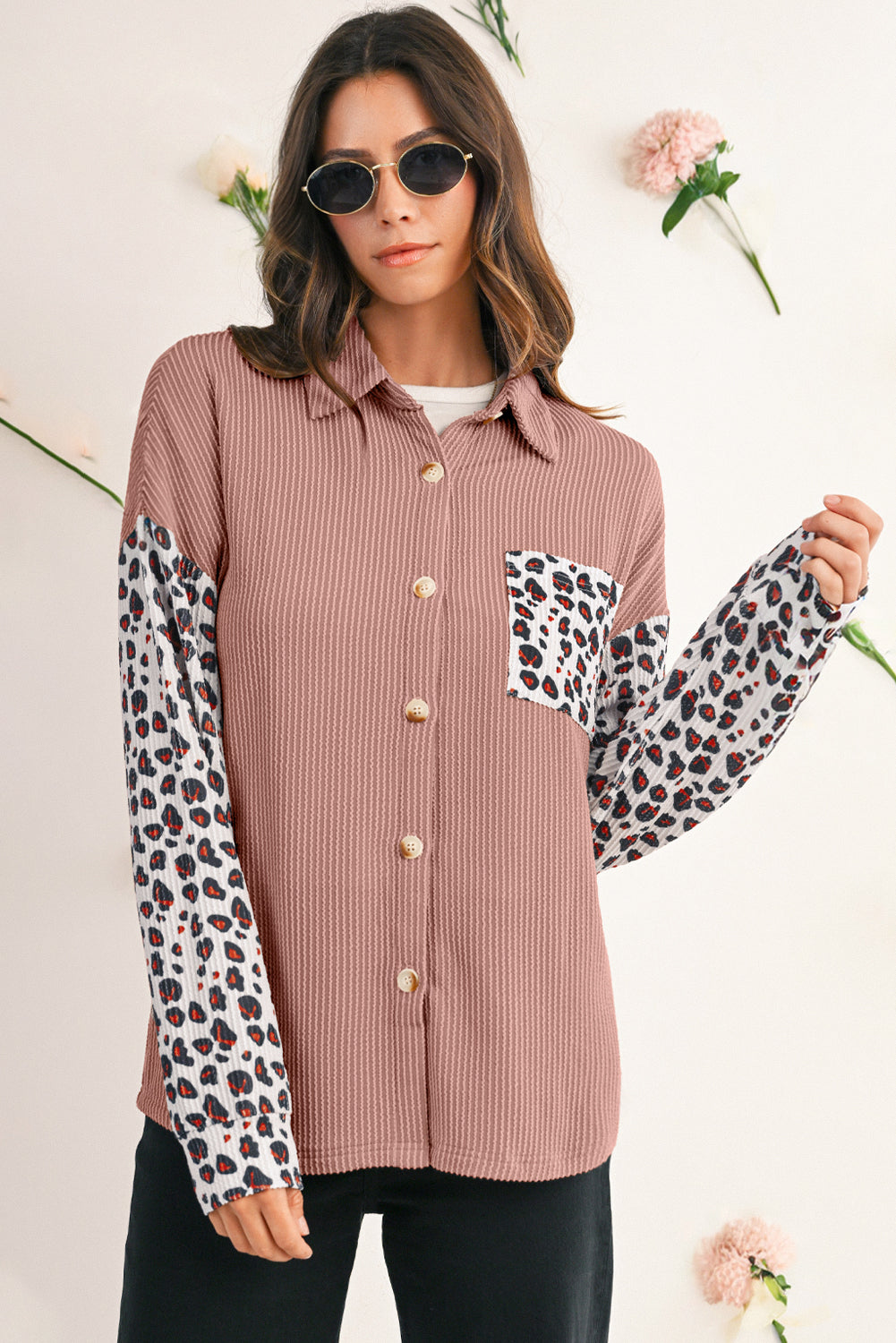 Dark Khaki Leopard Patchwork Twisted Ribbed Casual Shacket Jackets 79c4a501faa846b2