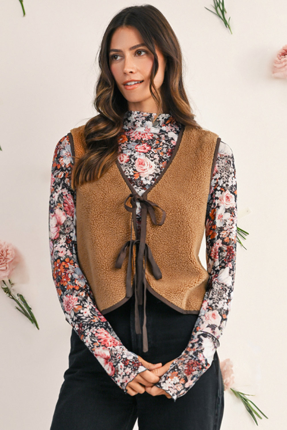 Light French Beige Fleece Tie Front Winter Vest Jackets 79d52bf9bc4b66ac