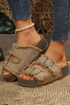 Pale Khaki Double Buckle Straps Frayed Detial Retro Slippers Slides Shoes + Flip Flops 7a1abb0ce9e3f11b