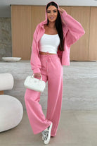 Pink Solid Color Zip Up Hoodie Drawstring Loose Pants Set Two Piece Pants Sets 7a1d47b8f1ac26a4
