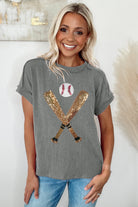 Medium Grey Ribbed Knit Sequin Baseball Graphic T Shirt Graphic Tees 7a40c02ccfffc943