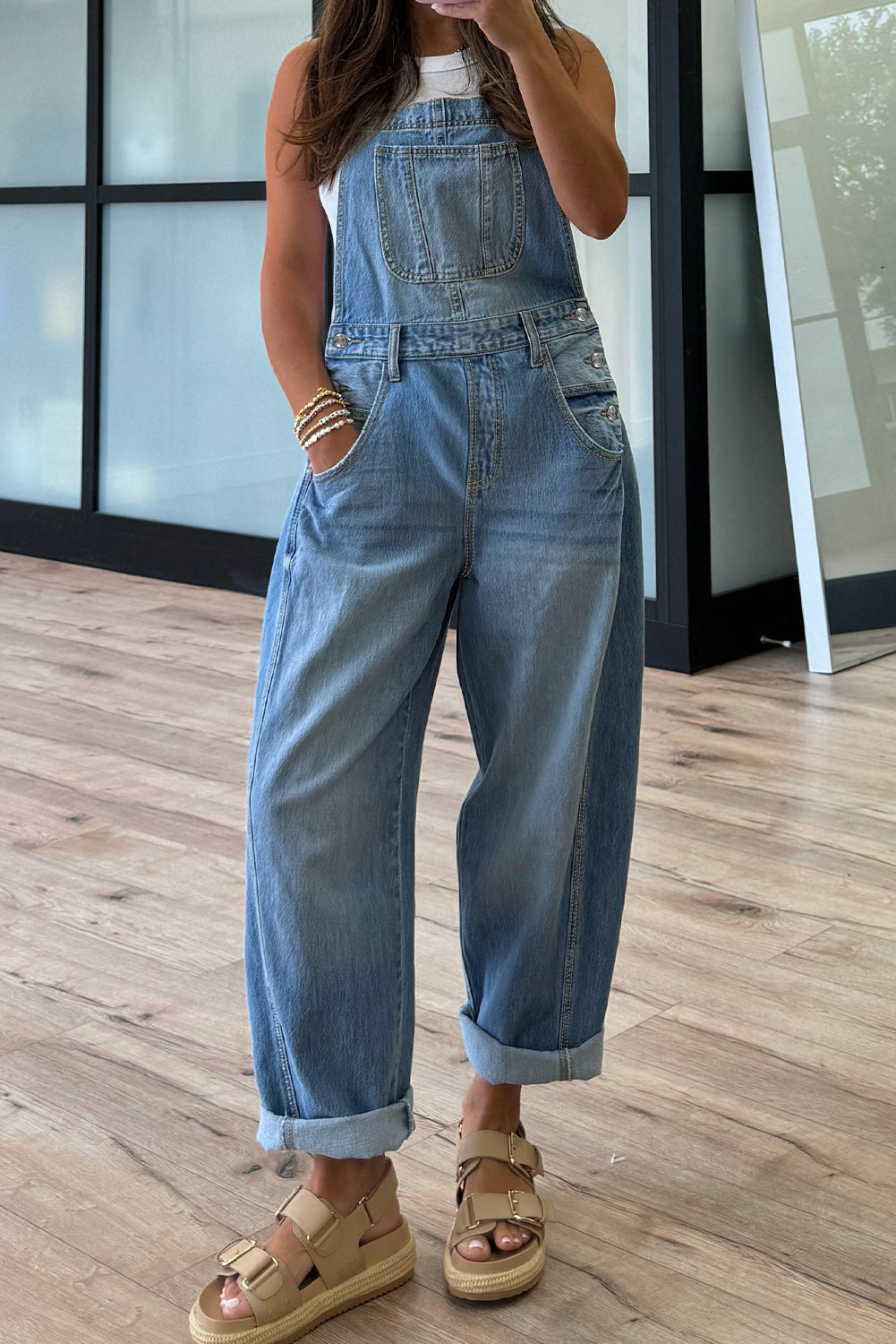 Dusk Blue Adjustable Buckle Straps Straight Leg Denim Overalls Jumpsuits 7a4210cc1d499b42