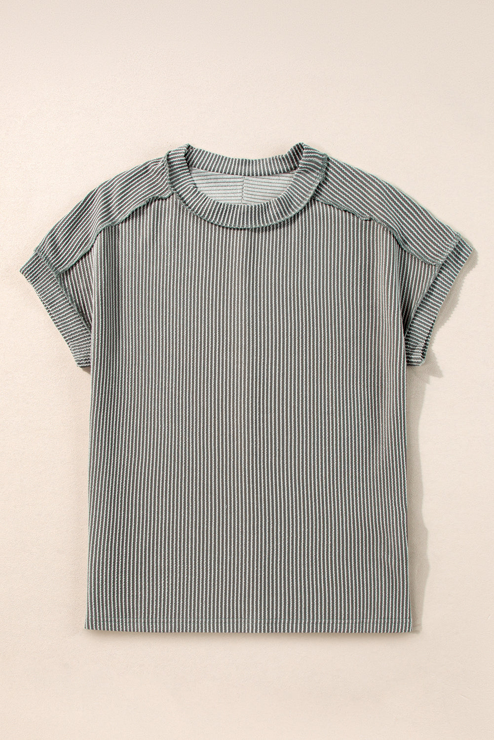 Medium Grey Crinkle Rib Knit Exposed Seam Round Neck T-shirt T Shirts 7a7816a4dbfb97f5