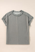 Medium Grey Crinkle Rib Knit Exposed Seam Round Neck T-shirt T Shirts 7a7816a4dbfb97f5