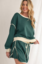 Evergreen Contrast Trim Loose Pullover and Lace-up Waist Skort Set Two Piece Shorts Sets 7aa3a34f9bc0a500
