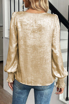 Apricot Metallic Round Neck Smocked Puff Sleeve Blouse Blouses 7aa4f083ba76d920