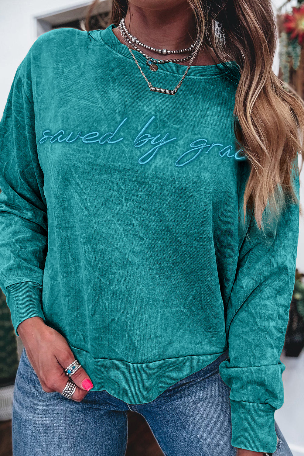 High-rise saved by grace Letter Embroidery Mineral Wash Loose Sweatshirt Sweatshirts & Hoodies 7ab69b285ed99d18