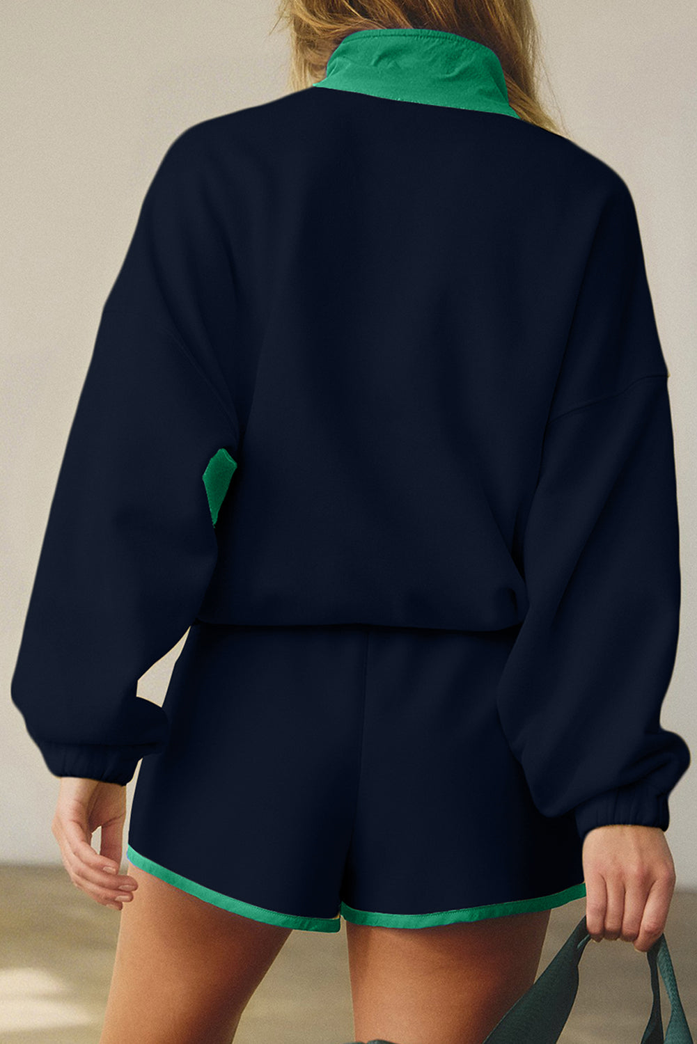 Navy Blue Colorblock Patchwork Half Button Pullover and Shorts Outfit Two Piece Shorts Sets 7ac0d910002944d0