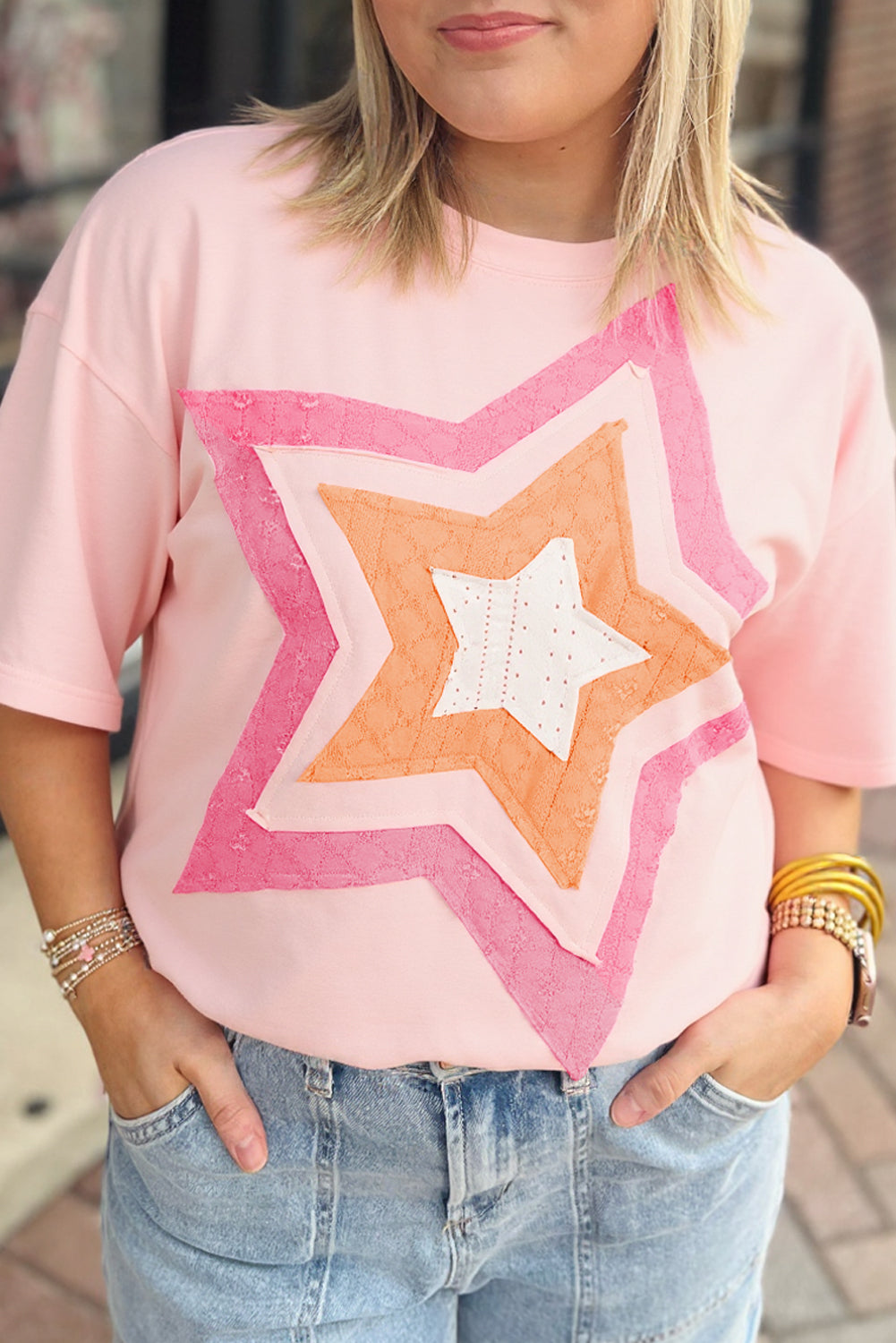Light Pink Eyelet Colorblock Star Applique Plus Size T Shirt Plus Size Tops 7accd849af5ea270
