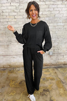 Black Textured Chest Pocket Drop Sleeve Top and Pants Set Two Piece Pants Sets 7ad6b4e873691e0b