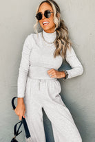 Light Grey Long Sleeve High Neck Slim Top Smocked Waist Central Seam Pants Set Two Piece Pants Sets 7ad8ce5de090c66b