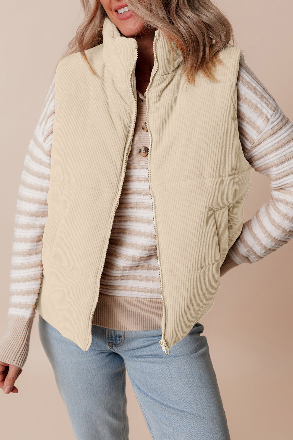Beige Corduroy Stand Neck Zipped Puffer Vest Vests 7af5e9819d683c44