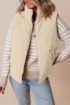 Beige Corduroy Stand Neck Zipped Puffer Vest Vests 7af5e9819d683c44