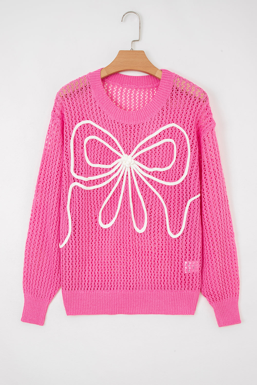 Sachet Pink Sweet Bow Decor Hollow Out Knitted Drop Shoulder Sweater Sweaters 7b1a48576e970722
