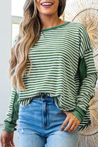 Khaki Stripe Patchwork Knit Drop Shoulder Top Long Sleeve Tops 7b2cf56e71a0bf07