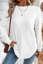 White Ribbed Texture Round Neck Long Sleeve Rounded Hem Top Long Sleeve Tops 7b3d3583f1fe4b73