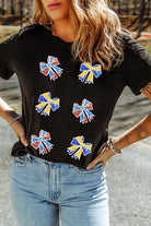 Black Cheerful Sequin Bow Patched Game Day T Shirt Graphic Tees 7b4993ac71ca45dc