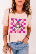 Pink Easter Rabbit Checkered Flower Graphic O Neck T Shirt Graphic Tees 7b57acace2b1c6ce
