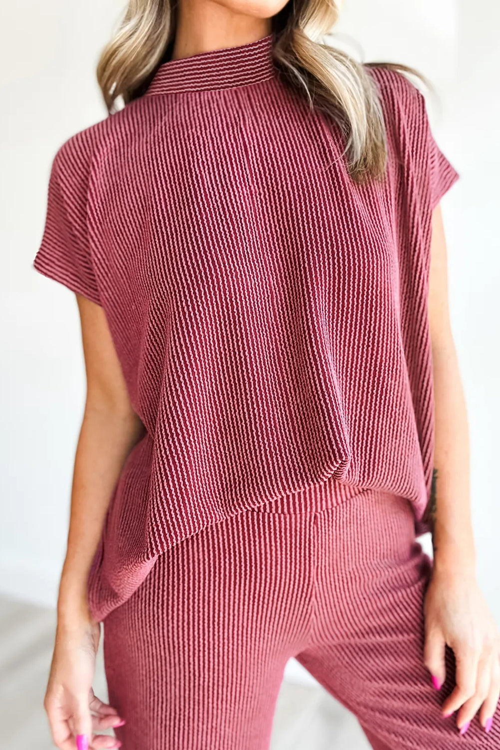 Burgundy Twisted Ribbed High Neck Loose Tee Elastic High Waist Loose Pant Set Pant Sets 7b5f29730d634ab5
