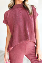 Burgundy Twisted Ribbed High Neck Loose Tee Elastic High Waist Loose Pant Set Pant Sets 7b5f29730d634ab5