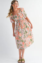 Apricot Pink Floral Knot Front Smocked Bubble Sleeve Dress Midi Dresses 7b798ab4fdafef63