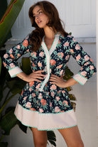 Blue Floral Print Striped Trim V Neck Long Sleeve Ruffle Hem Shift Mini Dress Floral Dresses 7b7b55a9ef8bedc4