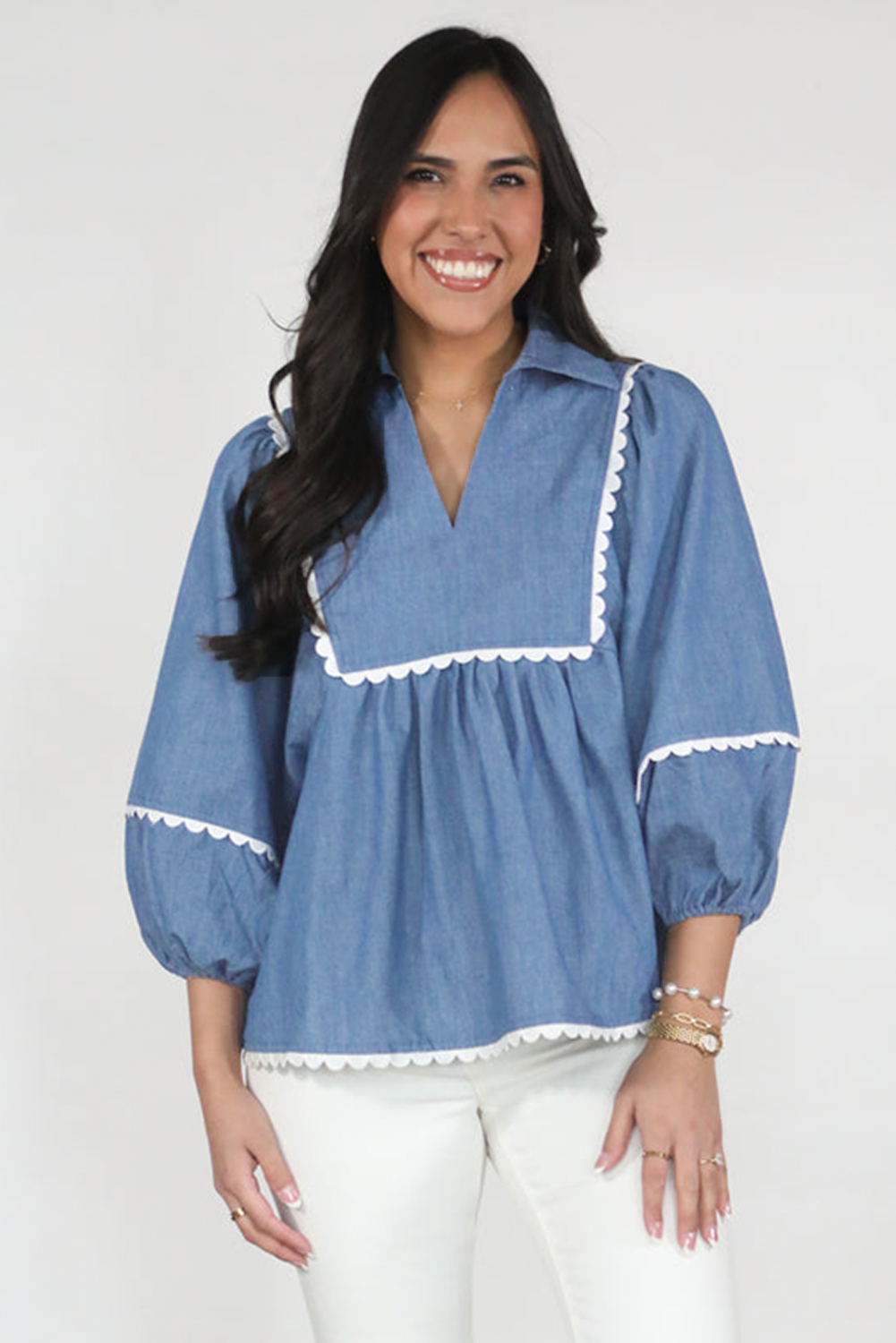 Dusk Blue Scallop Trim Puff Sleeve Collared Babydoll Blouse Blouses 7ba43c33000cdc65
