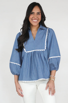 Dusk Blue Scallop Trim Puff Sleeve Collared Babydoll Blouse Blouses 7ba43c33000cdc65