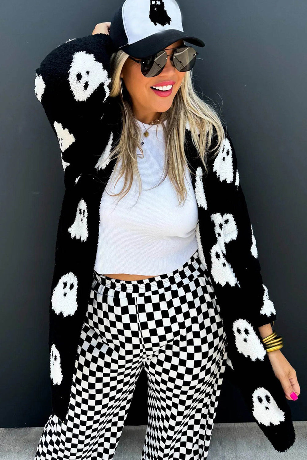 Black Halloween Plaid Ghost Pattern Mid length Knitted Cardigan Cardigans 7bb422a0f05c0fc9