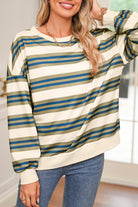 Khaki Striped Crew Neck Drop Shoulder Pullover Sweatshirt Sweatshirts & Hoodies 7bbf26dfe489ba16