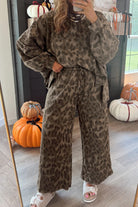 Brown Allover Leopard Print Pullover Drawstring Loose Pants Set Two Piece Pants Sets 7bee5254d959a596