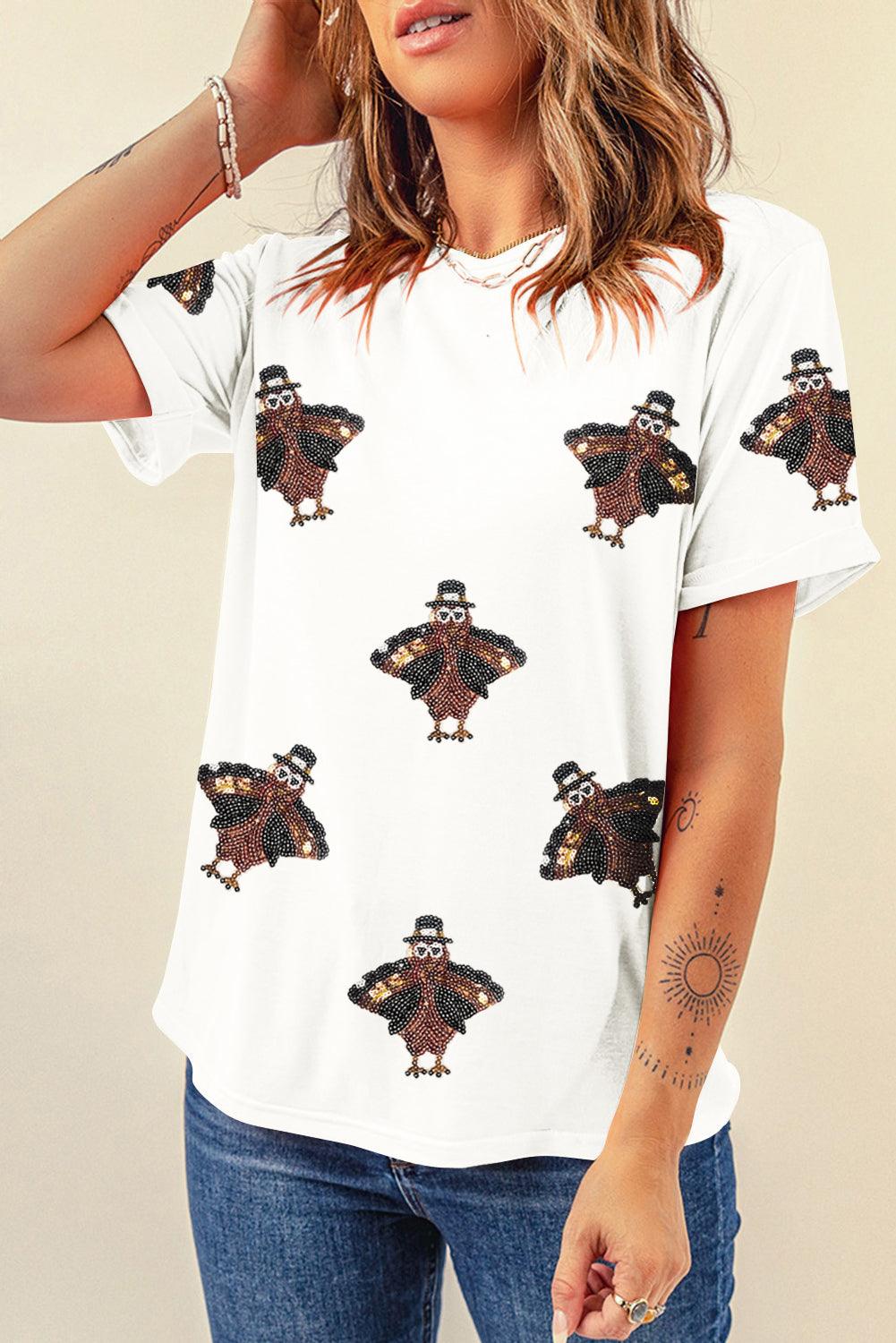 White Turkey Sequin Patch Application Round Neck Graphic Tee Graphic Tees 7c12cca58c8a75e9