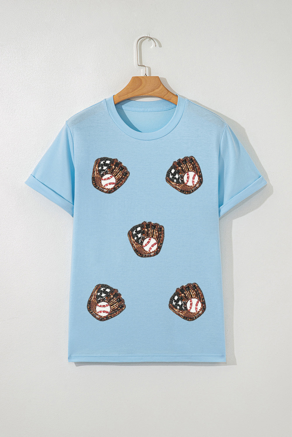 Light Blue Baseball Sequin Patched Casual T Shirt Graphic Tees 7c14e54e641f0a59