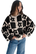 Black Flower Colorblock Checkered Henley Sweater Sweaters 7c642193b6e6c226