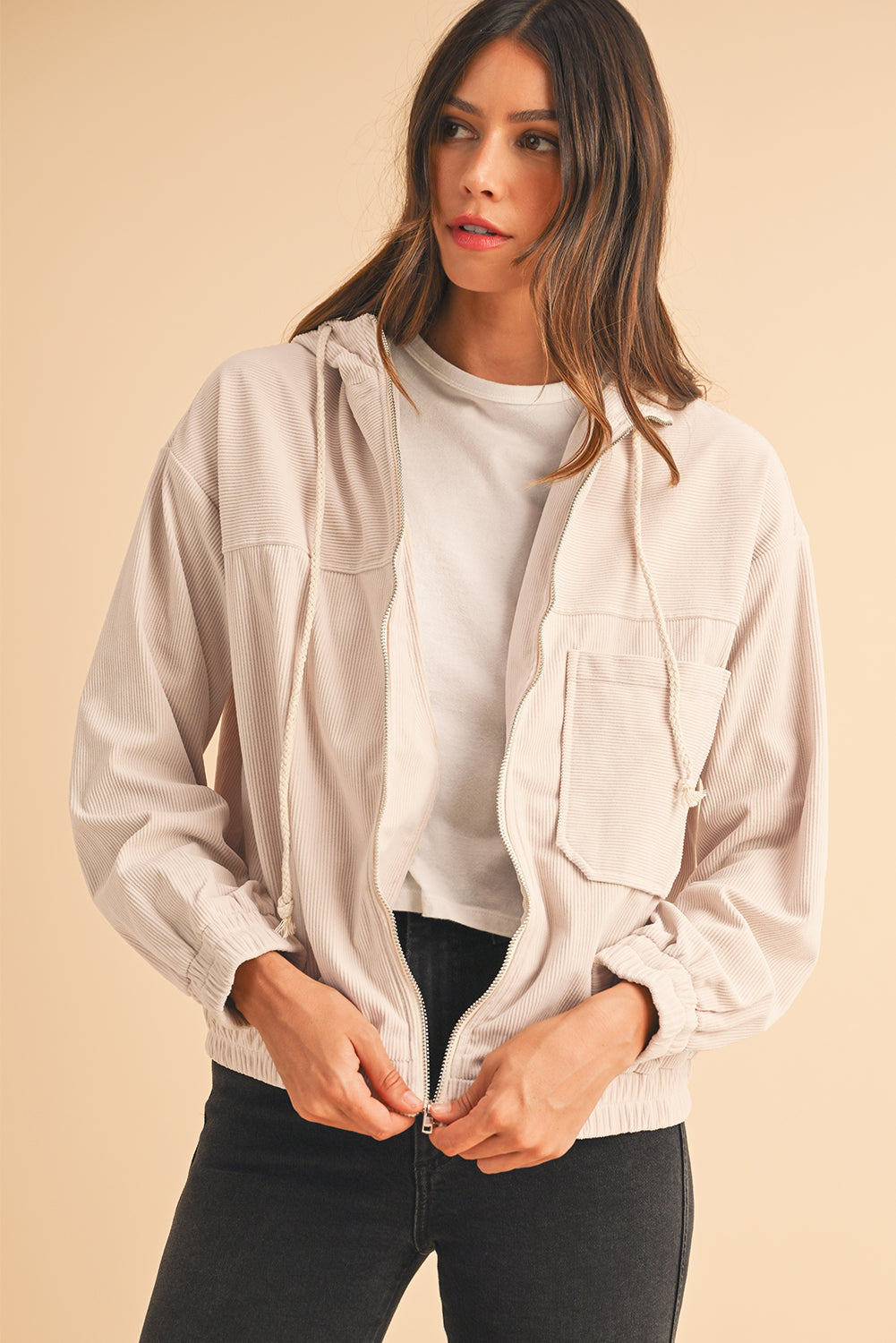 Real Teal Corduroy Drawstring Hooded Pocket Zip Up Jacket Jackets 7c989c7e79d06d17